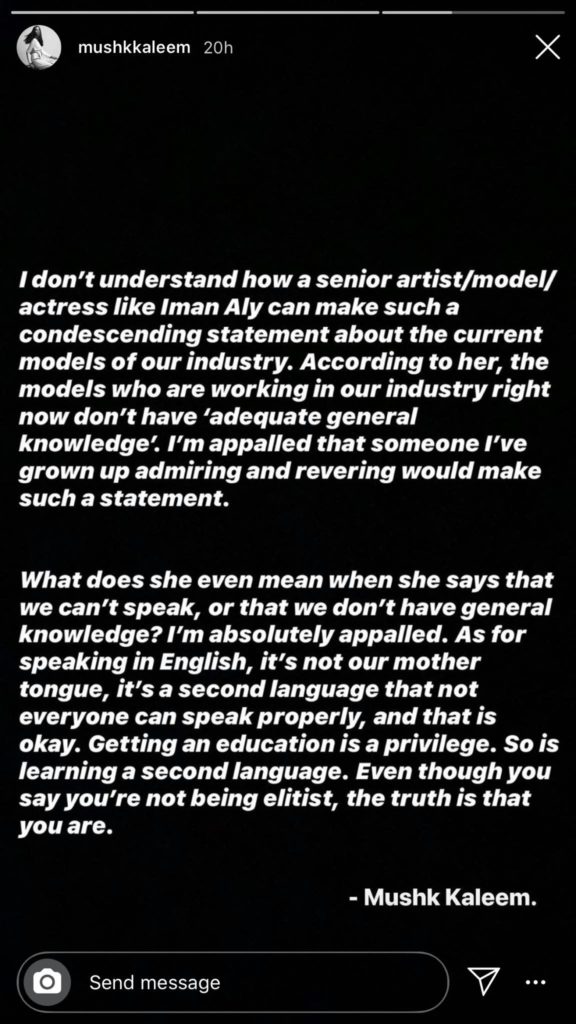 Mushk Kaleem calls out Iman Aly for her ‘condescending statement’ on current models