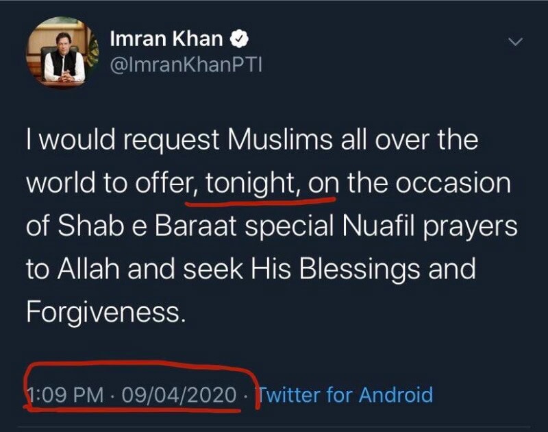 PM asks Muslims to ‘pray on Shabe Baraat tonight’, deletes tweet after people tell him it was yesterday