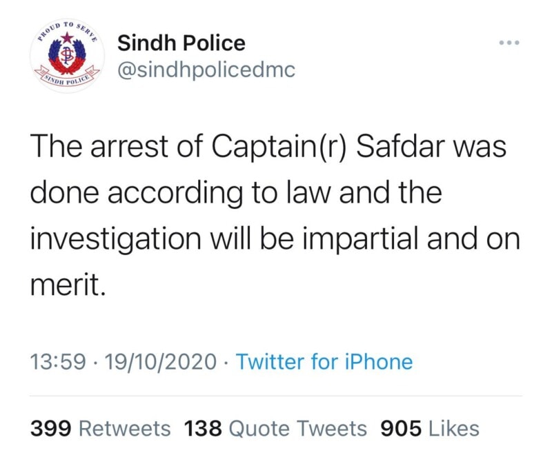 Sindh police say Safdar was arrested as per law, delete tweet later