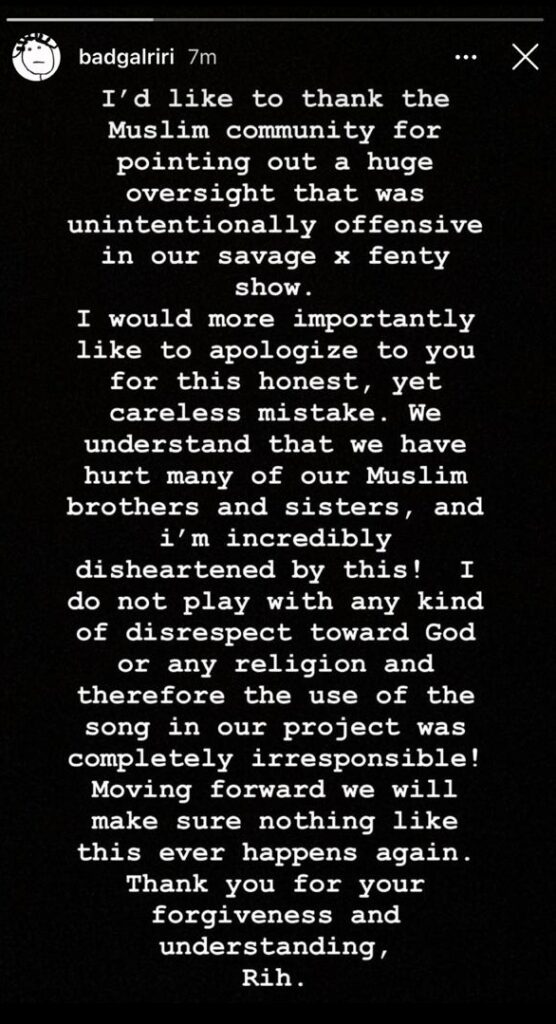 Rihanna apologises for including Islamic Hadith in fashion show