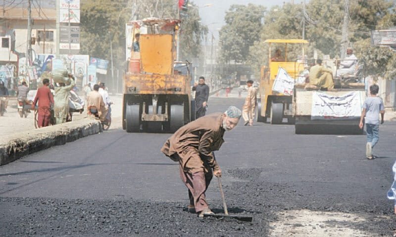 Construction work taking place on Jahangir Road, Karachi.