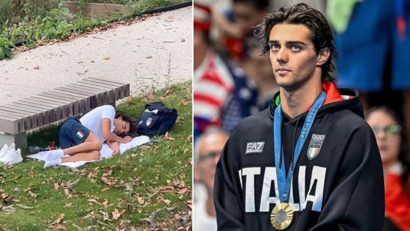 Picture of Olympic gold medalist sleeping in park goes viral