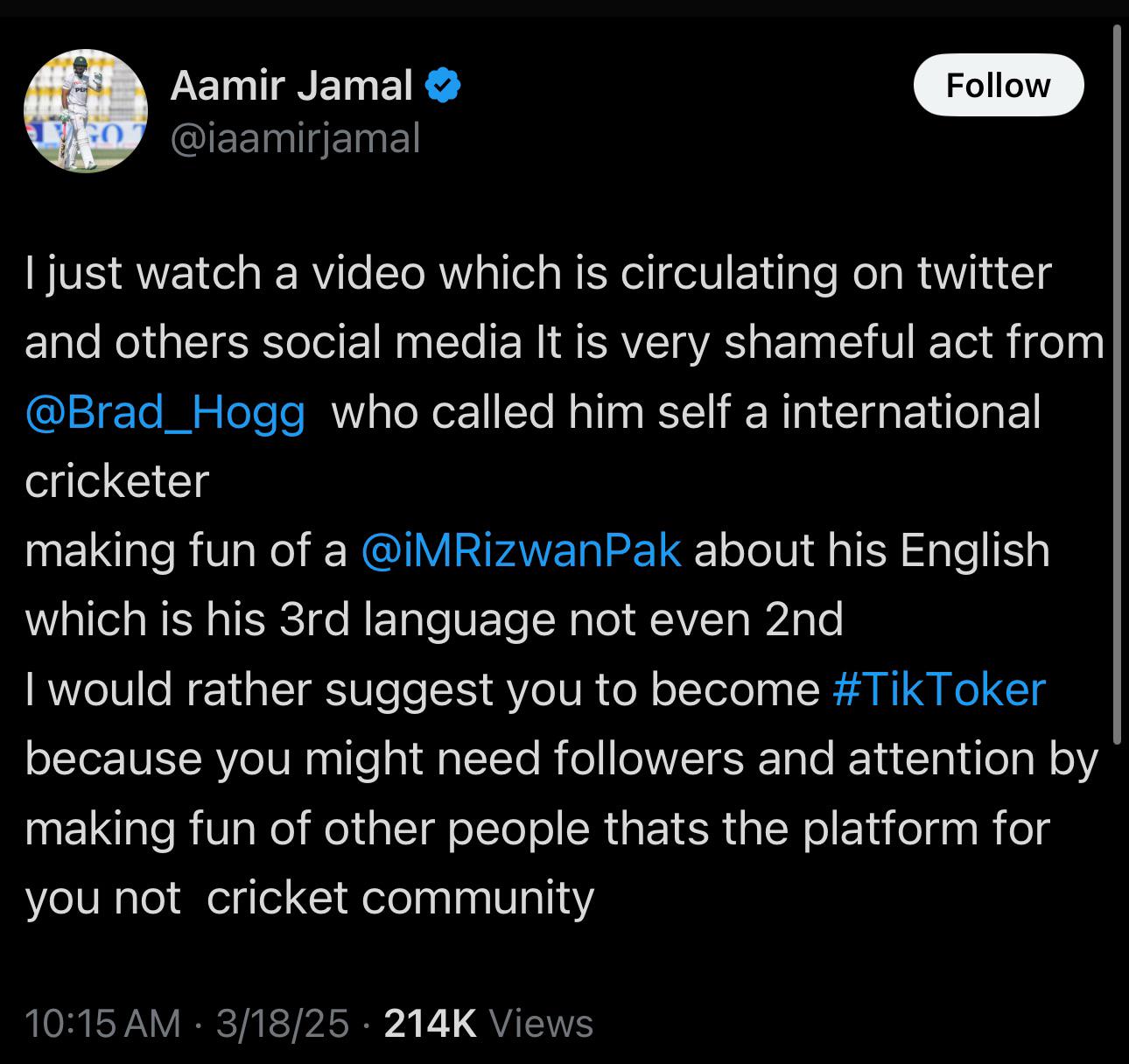 Aamir Jamal defends Rizwan after video of Brad Hogg making fun of his  English emerges : r/PakCricket