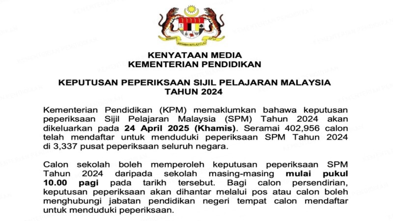Keputusan SPM 2024: Semakan Online & SMS Dibuka 27 Mei