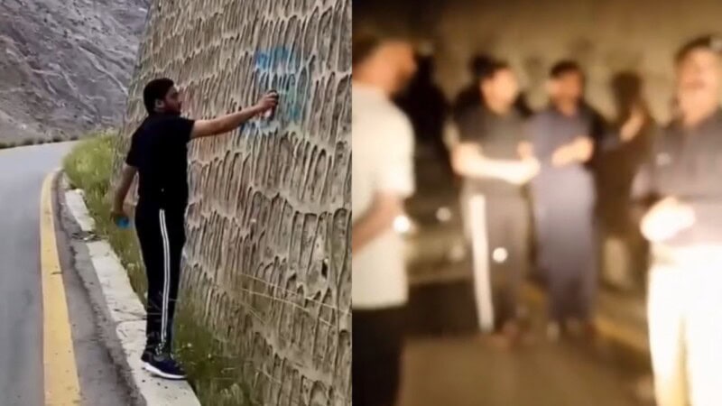 VIDEO: Tourist who spray-painted wall in Hunza forced to clean up after police intervention