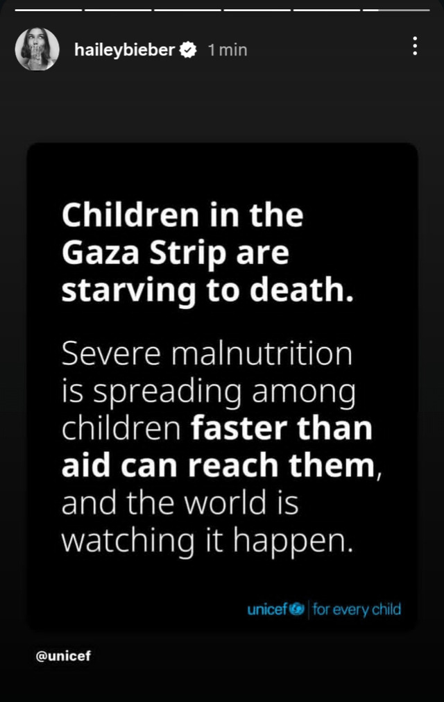 r/Fauxmoi - Hailey Bieber shares a UNICEF post calling for aid to be allowed into Gaza via Instagram Stories.