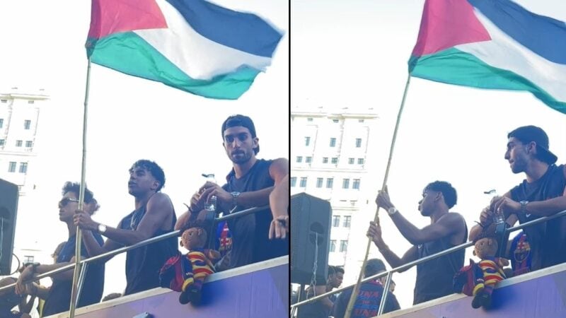 Lamine Yamal waves Palestinian flag during Barcelona’s La Liga title parade