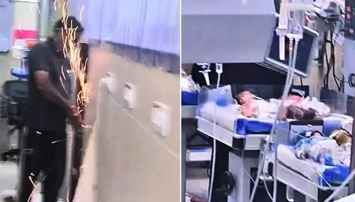 Welding activity seen inside Karachi’s NICH nursery with newborns nearby